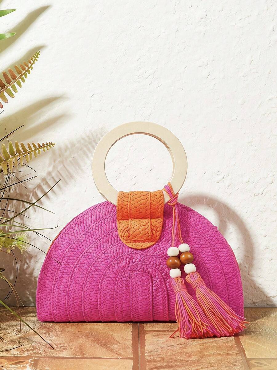 Paper Straw Color - Tas Tangan Wanita Bulat Berbahan Kayu